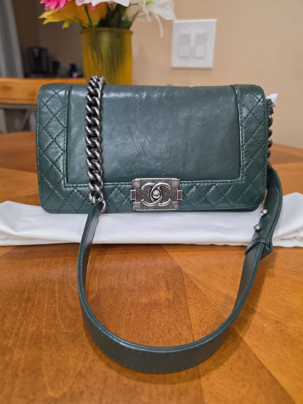 Chanel Boy Rare Green Quilted Lambskin Chain Shoulder Bag